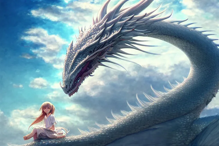 Image similar to the beautiful hyper detailed big scene render that a beautiful girl sitting on the back of a huge silver white dragon alone in fairyland surrounded by white clouds, finely detailed angelic face delicate features, style of studio ghibli, makoto shinkai, artgerm, karol bak, kazuki tanahashi, james jean, ross tran, xision, ultra wide angle