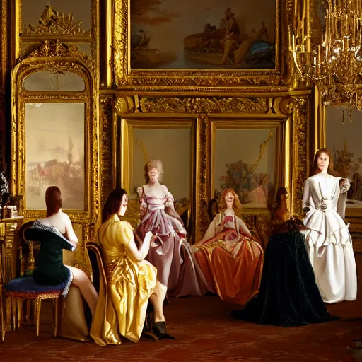 Image similar to fine art, oil on canvas. six women in the mirrors room in the palace of versailles in france wearing fine clothes, no faces visibles. dark room with light coming through the right side. baroque style 1 6 5 6. high quality realistic recreation of illumination shadows and colors, no distortion on subject faces.