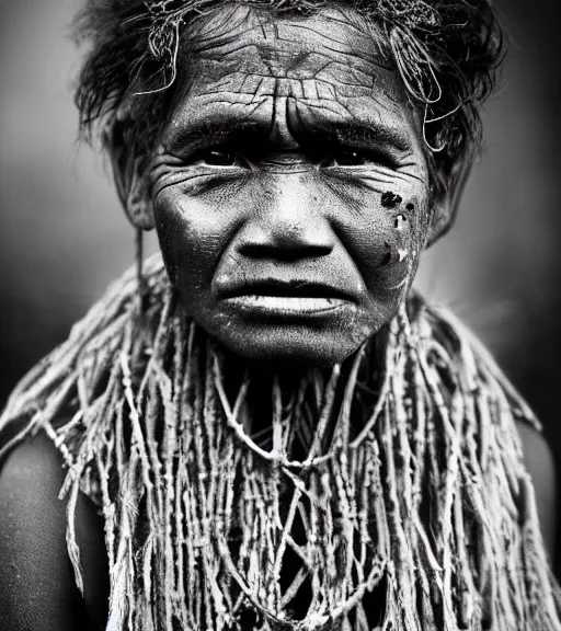 Image similar to Award winning reportage photo of Tuvalu Natives with incredible insane hair and beautiful hyper-detailed eyes wearing traditional garb by Lee Jeffries, 85mm ND 5, perfect lighting, gelatin silver process