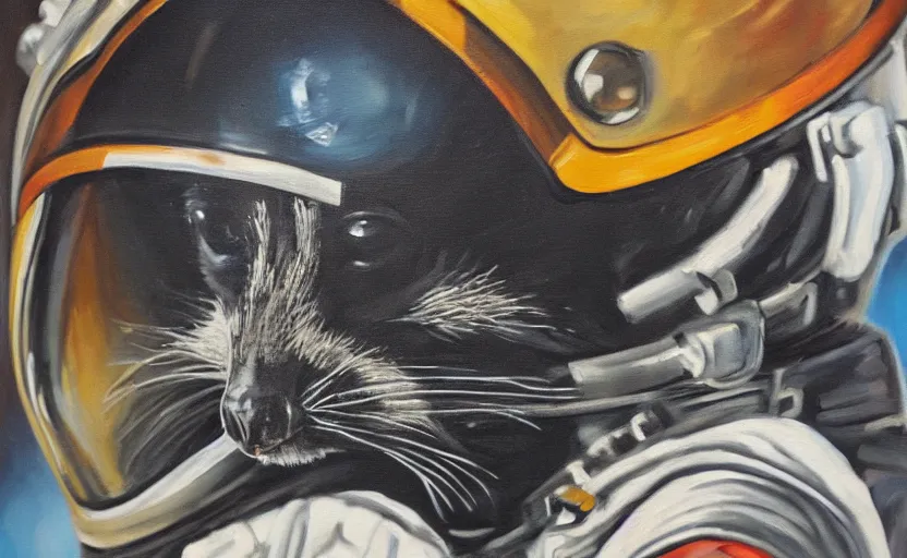 Image similar to oil painting of a racoon in a astronaut suit with helmet, 35mm, photo, Epic, cinematic, highly detailed and intricate