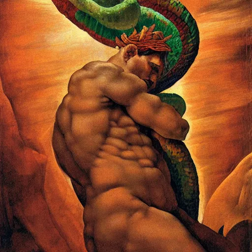 Prompt: high quality, high detail painting by michelangelo, portrait of the quetzalcoatl, hd, muted lighting