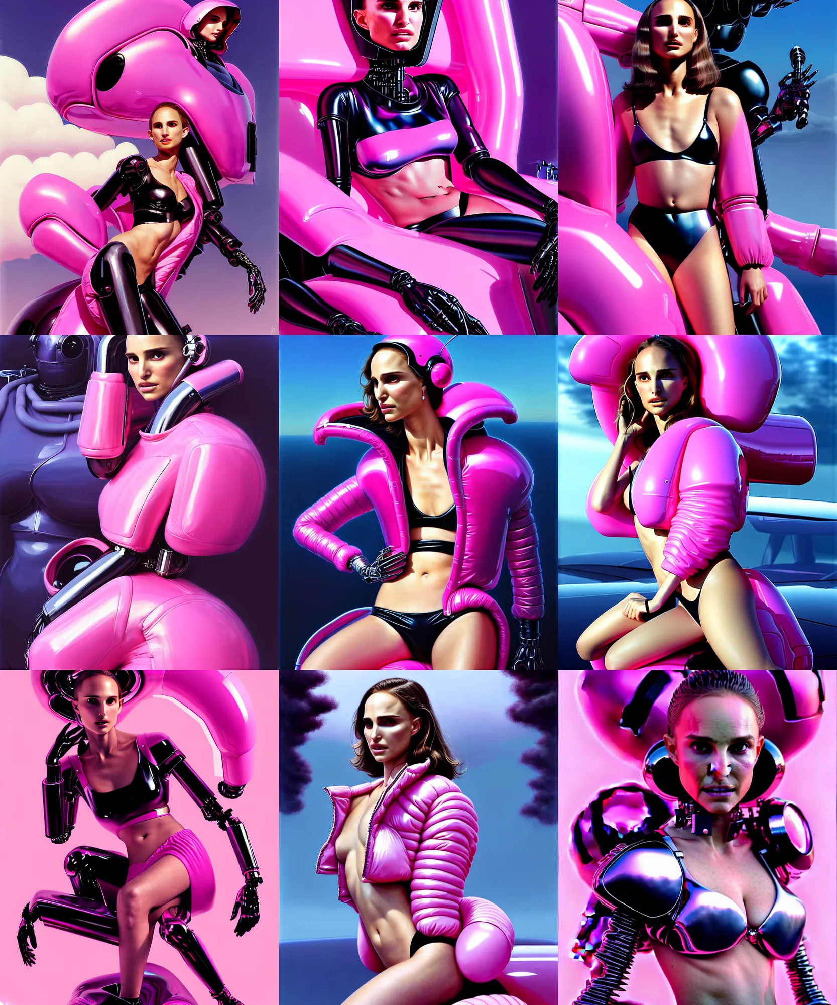 Prompt: beautiful fantasy character portrait, natalie portman, wearing oversized plastic puffy pink bomber jacket and black bikini, seductive seated pose, futuristic chrome vehicle, ultra realistic, wide angle, dramatic lighting, robots, cyberpunk artifacts, highly detailed by paolo eleuteri serpieri, boris vallejo, aaron horkey, hajime sorayama, peter mohrbacher,,