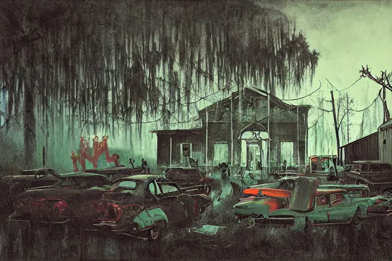 Prompt: scene from louisiana swamps, portrait, voodoo cult, old protestant church with neon satanic pentagram, junkyard by the road, boy scout troop, voodoo artwork by tim eitel