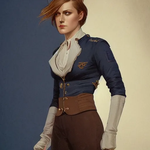 Image similar to full figure ultra realistic illustration, evan rachel wood wearing a futuristic navy blue pantsuit, brown straight hair, old west, intricate, elegant, highly detailed, digital painting, artstation, concept art, smooth, sharp focus, illustration, art by artgerm and greg rutkowski and alphonse mucha