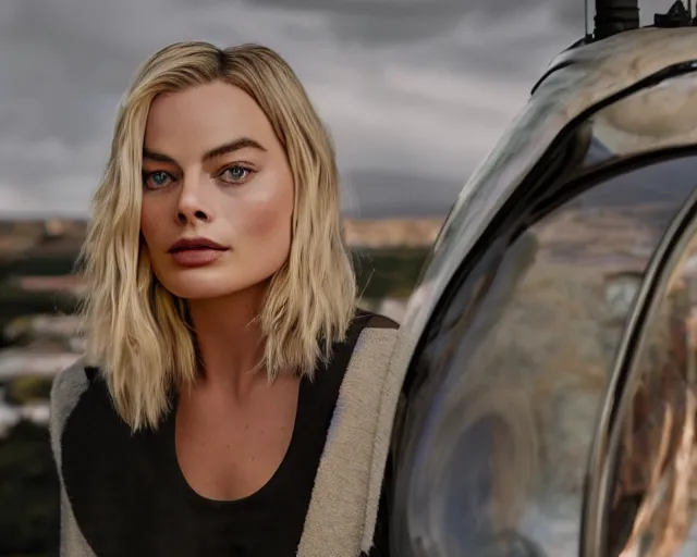 Prompt: a photo of margot robbie sitting on a helicopter propeller, hyper realistic face, beautiful eyes, cinematic, long shot, hyper detailed, 8 5 mm photograph, 8 k resolution, film still, sharp lens, wide lens