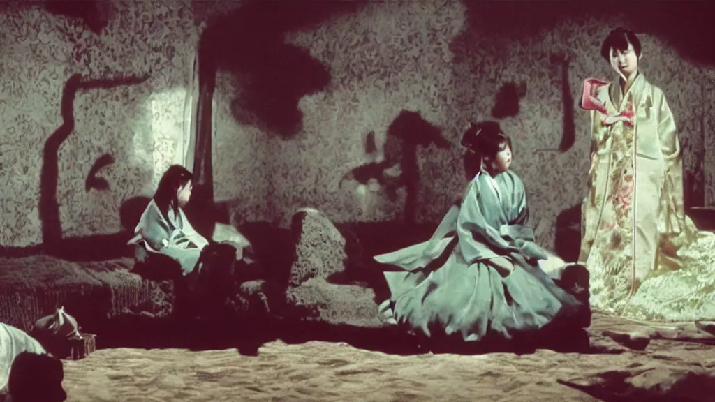 Image similar to shadow of a giant starfish - monster behind a woman in hanbok sitting on a couch, traditional korean interior, kaiju - eiga monster movie by denis villeneuve, cinematography by akira kurosawa and ishiro honda