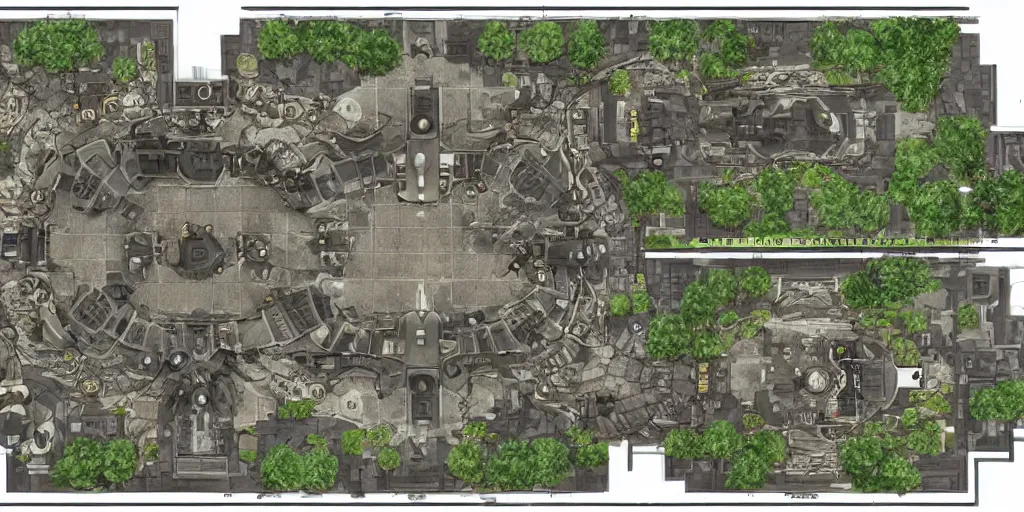 Prompt: architectural floor plan gears of war map hybrid halo map, symmetrical outpost, award winning design