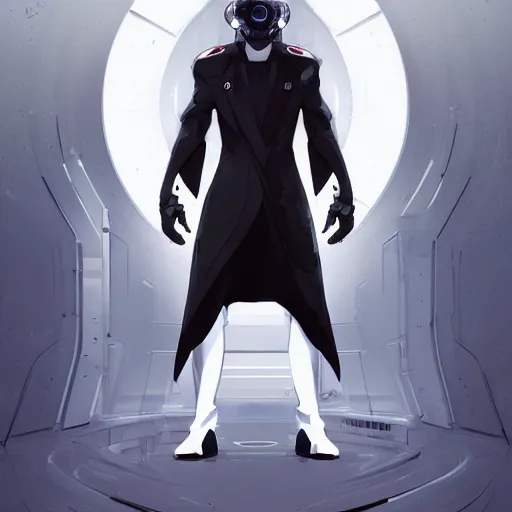 Image similar to full body portrait of a male character in sleek clothes, in a futuristic flowing white tailcoat, wearing a white full-face helmet with five round lenses for eyes, many eyes, dramatic lighting, illustration by Greg rutkowski, yoji shinkawa, 4k, digital art, concept art, trending on artstation