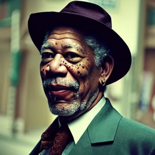 Prompt: a film still of Morgan Freeman starring as The Joker, 40mm lens, shallow depth of field, split lighting, cinematic