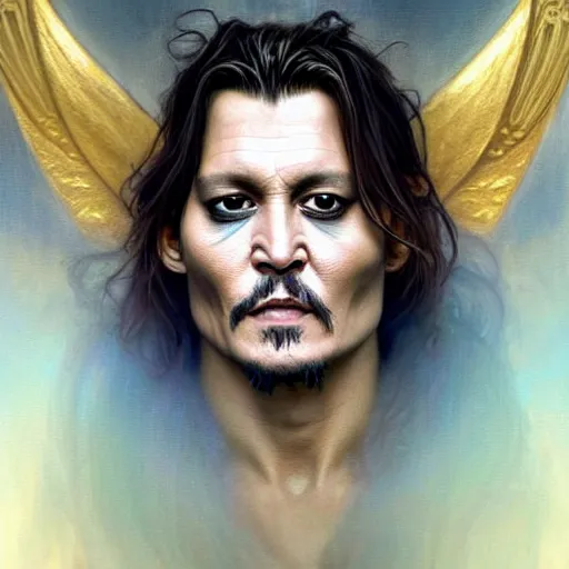 Image similar to johnny depp!! angel of battle lucius wearing a white periwinkle, sci fi, glowing eyes, volumetric lights, gold theme, art nouveau botanicals, intricate, highly detailed, digital painting, artstation, concept art, smooth, sharp focus, cinematic, illustration, beautiful face, art by artgerm and greg rutkowski and alphonse mucha