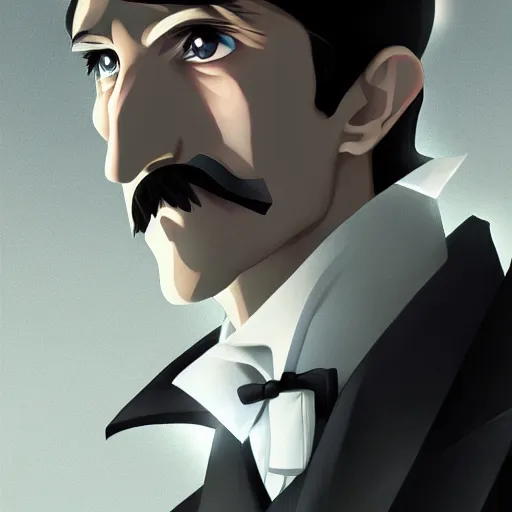 Image similar to portrait of nikola tesla, anime fantasy illustration by tomoyuki yamasaki, kyoto studio, madhouse, ufotable, trending on artstation