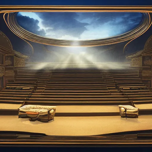 Prompt: landscape architect matte painting of a large ominous theatre with a large center - stage lit by the sunlight of a skylight dome above the stage, detailed illustration, dramatic lighting