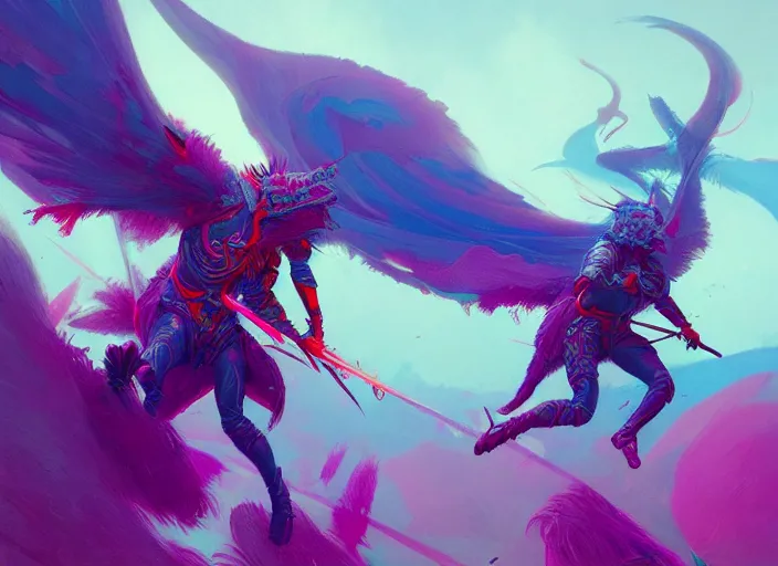 Prompt: A psychedelic multiply feathergale knight , vibrant color scheme, highly detailed, in the style of romanticism, cinematic, artstation, Moebius, Greg rutkowski