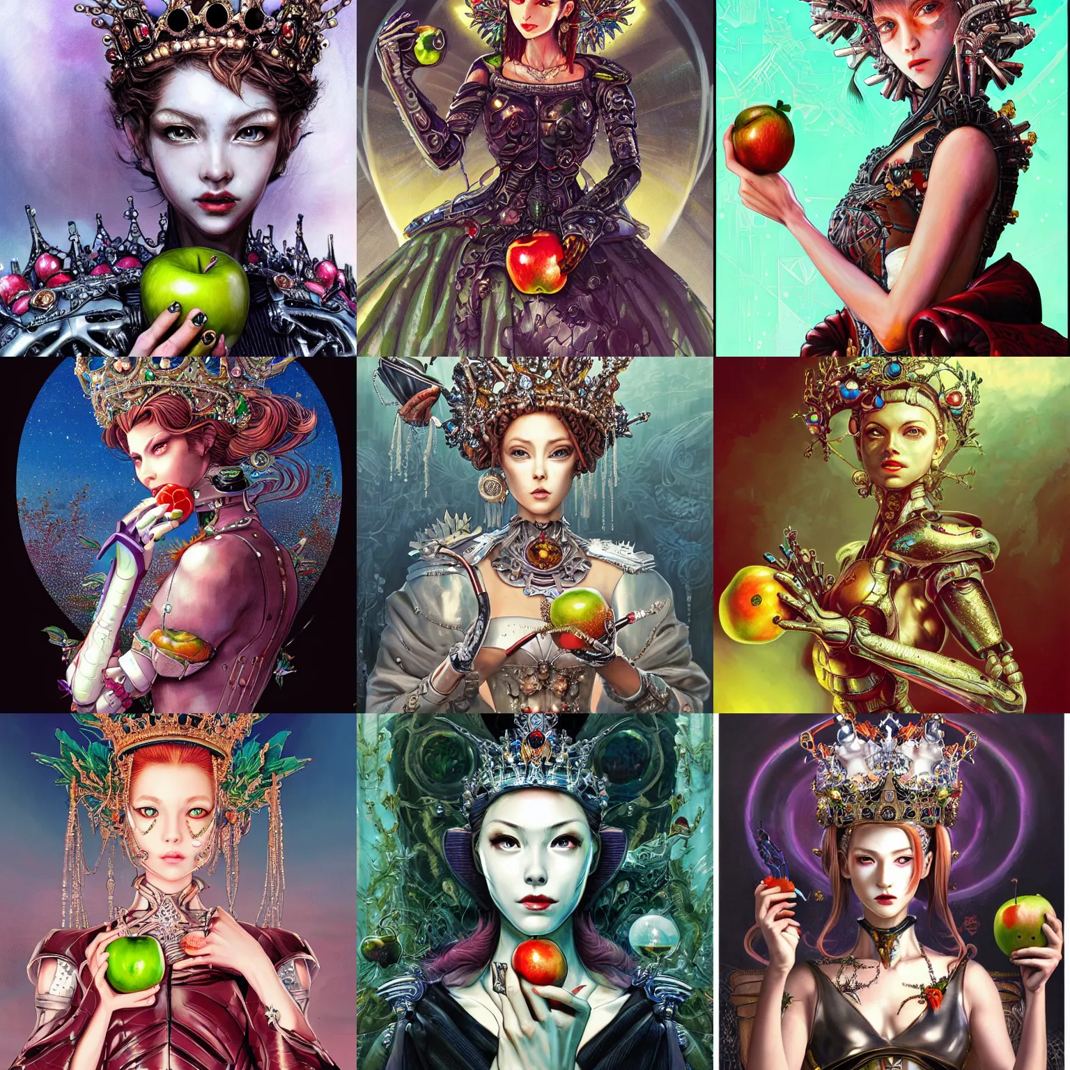 Prompt: potrait of a beautiful cyborg queen wearing a luxurious crown is holding a rotton apple in her hand, face is highly detailed, by masamune shirow, ayami kojima, josan gonzalez, yoshitaka amano, dan mumford, barclay shaw