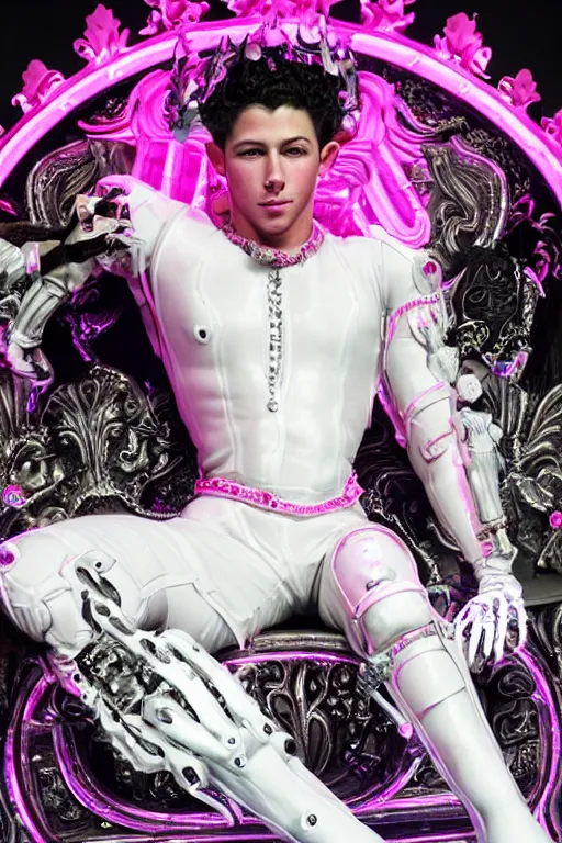 Prompt: full-body rococo and cyberpunk style neon statue of a muscular attractive Nick Jonas macho dotado e rico android sim roupa reclining con las piernas abertas e la piroca dura, glowing white laser eyes, prince crown of pink gears, diamonds, swirling silver-colored silk fabric. futuristic elements. full-length view. space robots. human skulls. intricate artwork by caravaggio. Trending on artstation, octane render, cinematic lighting from the right, hyper realism, octane render, 8k, depth of field, 3D