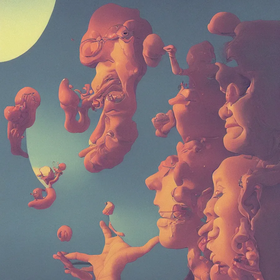 Image similar to close up portrait of a man and woman having fun with lsd and magic mushrooms by kawase hasui, moebius, Edward Hopper and James Gilleard, Zdzislaw Beksinski, Steven Outram, 8k, volumetric lighting, artstation