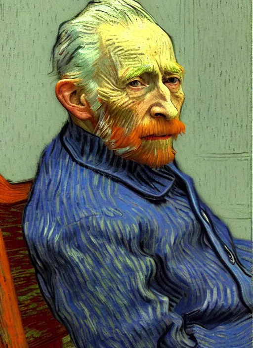 Image similar to portrait of a tired old man in a chair, detailed realism face in painting, detailed beautiful portrait, expressionist oil painting masterpiece, 8 k resolution, smooth, sharp focus, pastel color palette, trending on artstation, by van gogh