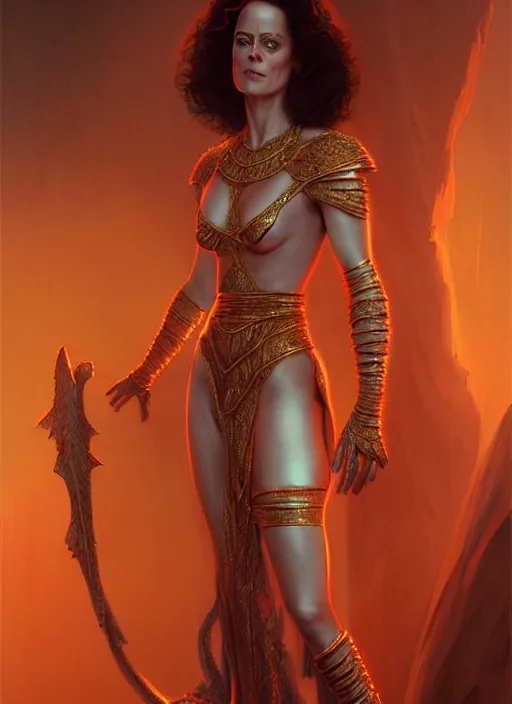 Image similar to young sigourney weaver in dejah thoris outfit, intricate, elegant, glowing lights, highly detailed, digital painting, artstation, glamor pose, concept art, smooth, sharp focus, illustration, art by artgerm and greg rutkowski, artey freytag