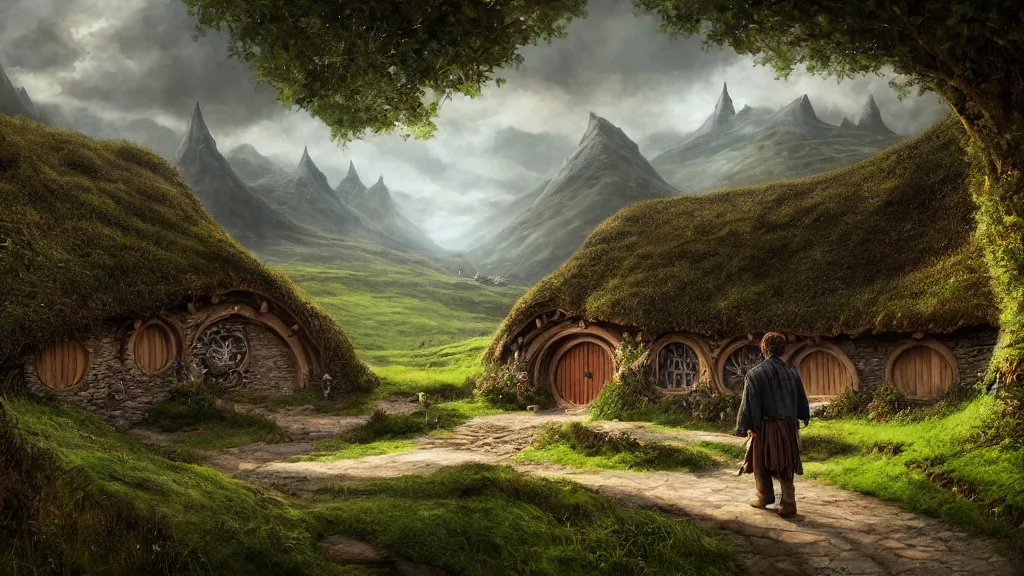 Image similar to frodo returning to bag end at the end of his journey, hobbiton, hobbits visible in the distance, by alan lee, michal karcz, smooth details, lord of the rings, game of thrones, smooth, detailed terrain, oil painting, trending artstation, concept art, fantasy matte painting