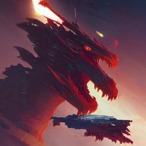 Image similar to a dragon is wrecking a spaceship, artstation, Digital art, Greg rutkowski