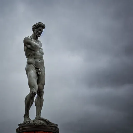 Prompt: 4 k hdr full body wide angle sony portrait of a michelangelo statue as donald trump showering in a rainstorm with moody stormy overcast lighting