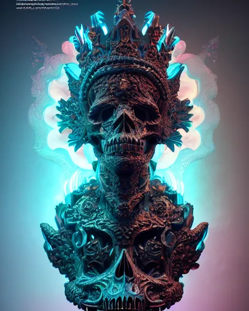 Image similar to 3 d ornate carved dark cosmic king with profile portrait, sigma 5 0 0 mm f / 5. beautiful intricate highly detailed quetzalcoatl skull. bioluminescent, plasma, lava, ice, water, wind, creature, thunderstorm! artwork by tooth wu and wlop and beeple and greg rutkowski, 8 k trending on artstation