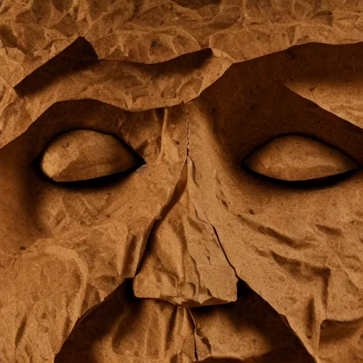 Prompt: the face of a man made from layered natural grain paper, macro photography, ambient light