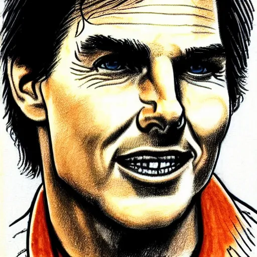 Prompt: a portrait drawing of Tom Cruise drawn by Robert Crumb