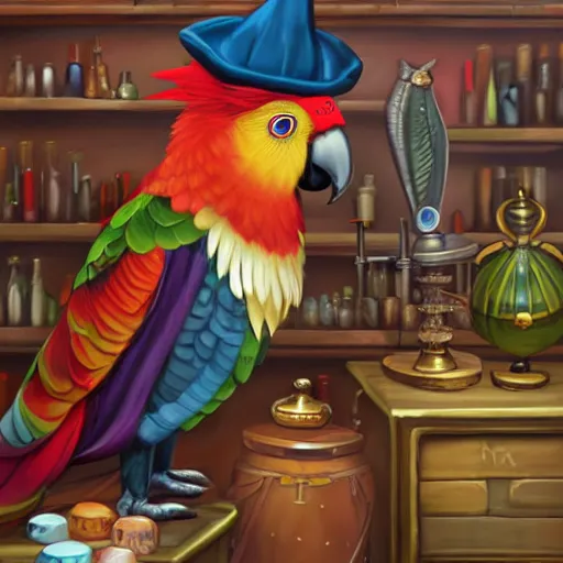 Prompt: Anthropomorphized parrot trader in his shop, portrait, items, weapons, magic potions, trinkets, carpet, lamps, window, fancy hat, sly expression, cunning expression, cute expression, long thick shiny black beak, D&D, fantasy, cinematic lighting, highly detailed, digital painting, artstation, concept art, smooth, sharp focus, illustration, warm light, cozy warm tint, magic the gathering artwork, volumetric lighting, 8k, art by Greg Rutkowski