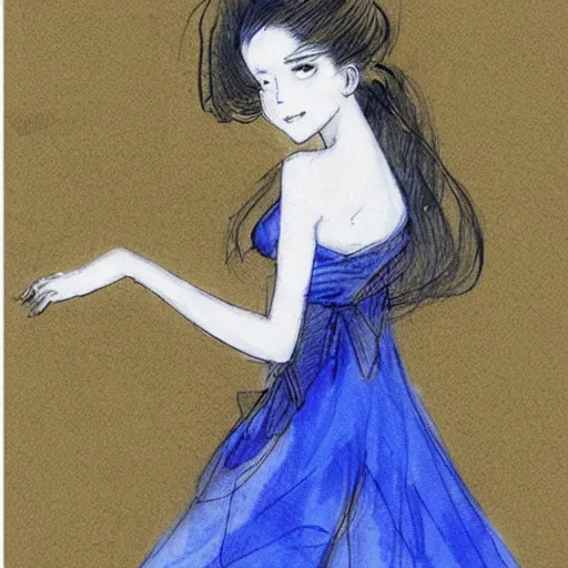 Prompt: a woman with blue dress, illustration by amano