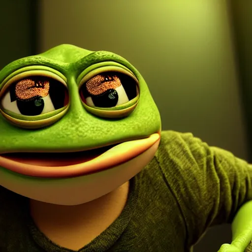 Image similar to Realistic pepe the frog alone and sad in his bedroom, cinematic perspective, studio shot, full hd