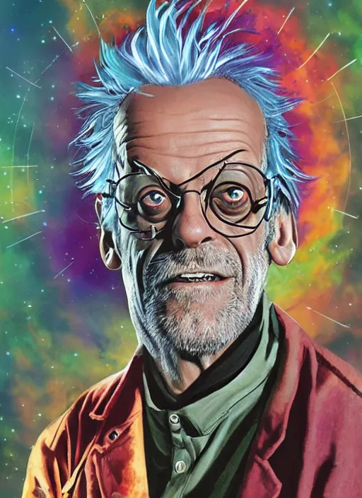 Prompt: Christopher Lloyd as Rick Sanchez on the cover of Galaxy Science Fiction, 1965, detailed, epic, vintage 1960s print, trending on artstation