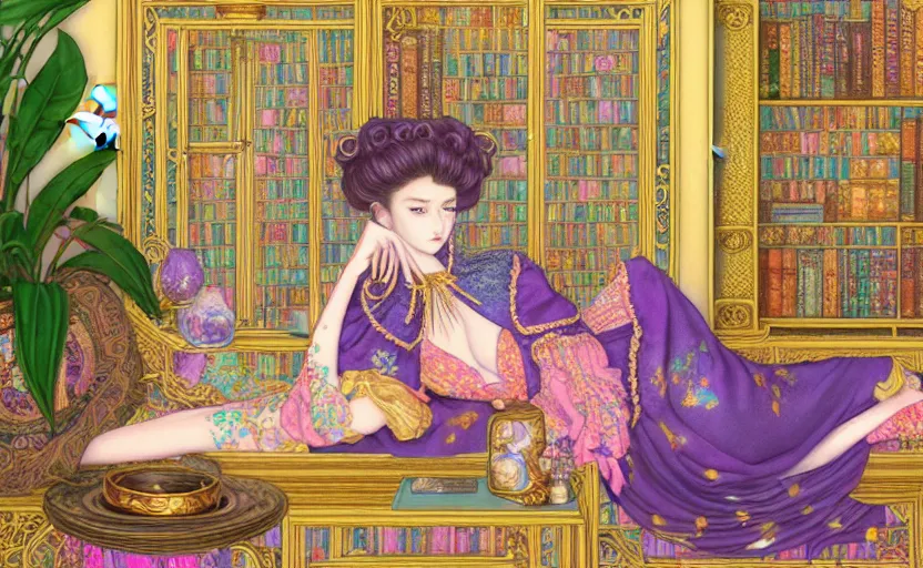 Image similar to a detailed fantasy pastel portrait of a woman wizard in ornate clothing lounging on a purpur pillow on the marble floor in front of her bookcase in a room, reading an ancient tome. to the side is a potted plant. ancient retrofuturistic setting. 4 k key art. raytracing, by chie yoshii and yoshitaka amano.