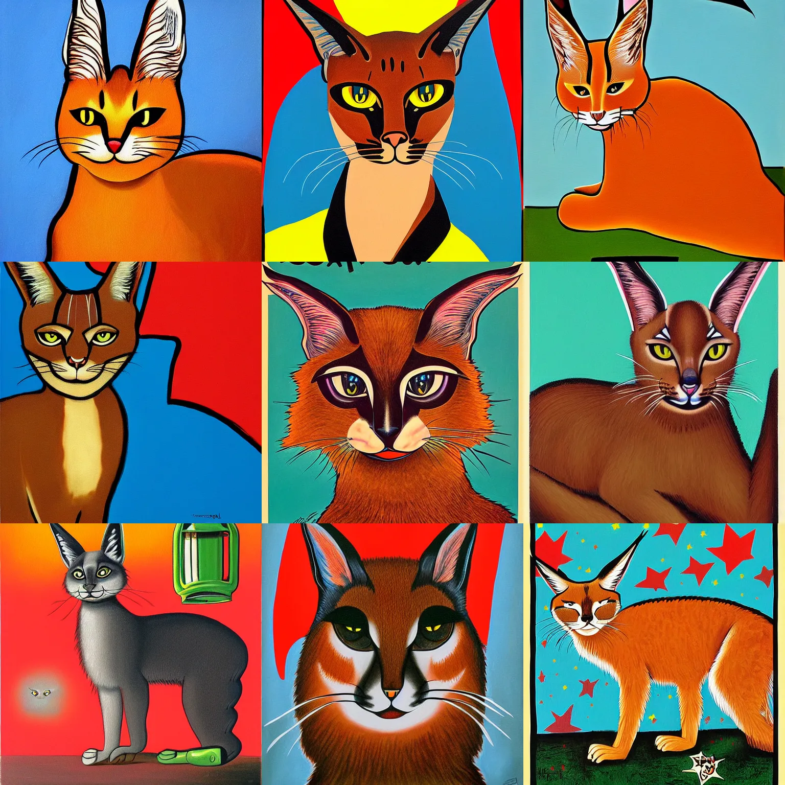 Prompt: a painting of a cute caracal that is in the air, a pop art painting by art spiegelman, deviantart, pop surrealism, soviet propaganda, american propaganda, movie poster