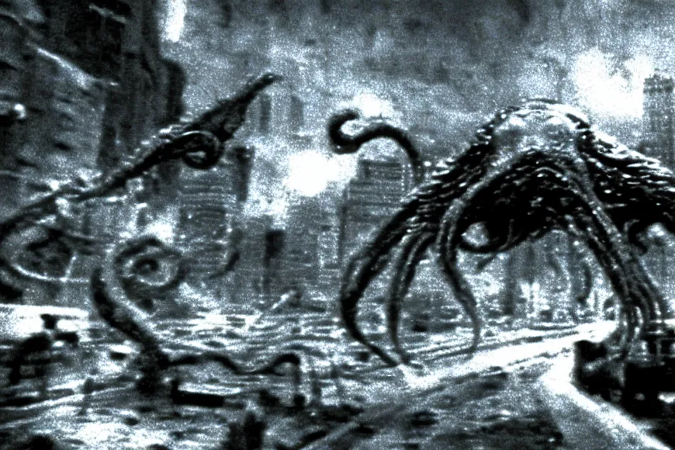 Image similar to still image taken from sci fi horror movie of a cthulhu attacking a city. low camera angle. 1 9 6 0.