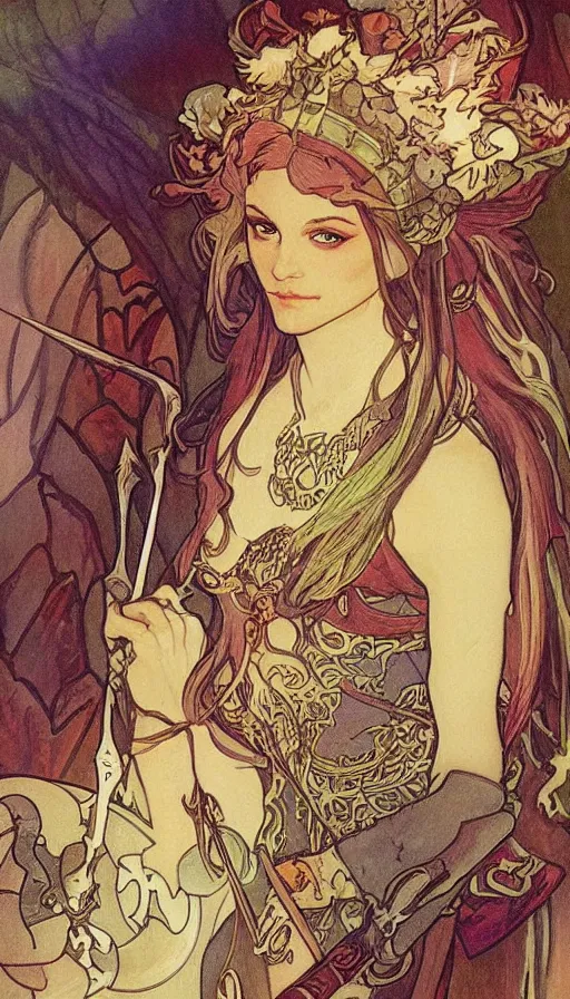 Prompt: fantasy dungeons & dragons portrait by Alfons Mucha,female elf,beautiful,D&D,detailed,elaborate