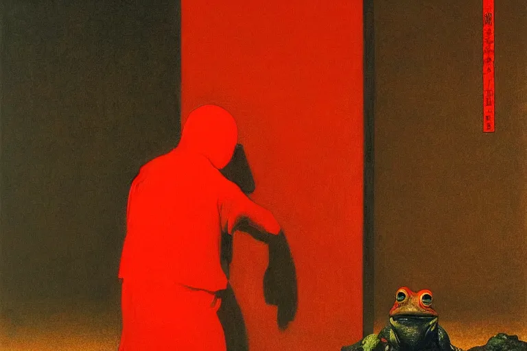 Image similar to only with red, a red samurai do seppuku, tokio, a lot of frogs watch, in the style of beksinski, parts by edward hopper, parts by rodcenko, parts by yue minjun, intricate and epic composition, red by caravaggio, insanely quality, highly detailed, masterpiece, red light, artstation, 4 k