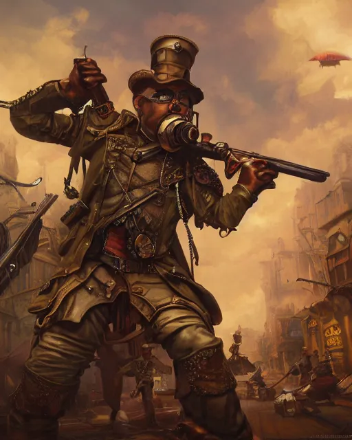 Image similar to oil painting of anthropomorphized hamster legion holding rifles, steampunk clothes, steampunk city background, sharp focus, fantasy style, octane render, volumetric lighting, 8k high definition, by greg rutkowski, highly detailed, trending on art Station, dungeons and dragons artwork, centered