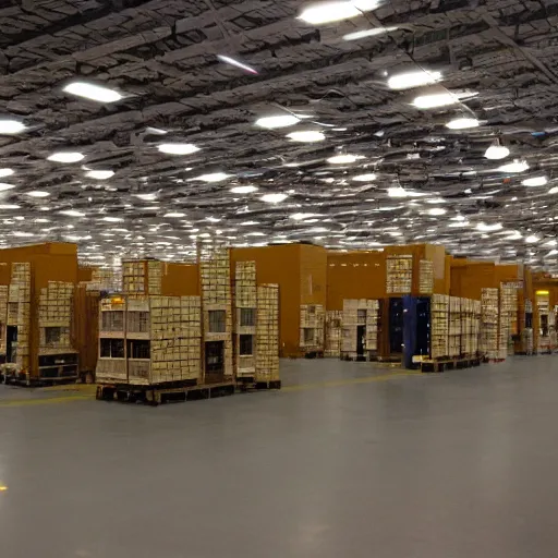 Prompt: 3 5 mm photo of the inside of an amazon warehouse at night