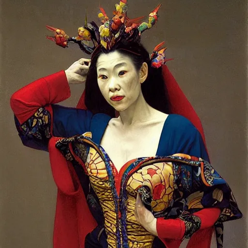 Prompt: portrait of a female east asian jester, by donato giancola and michelangelo merisi da caravaggio.