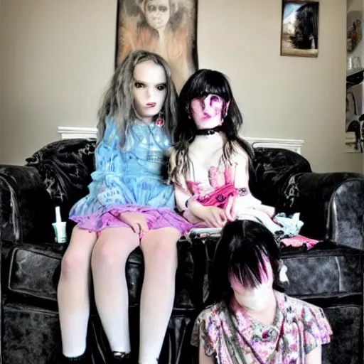Image similar to 7-year-old goth girl, creepy girl in living room