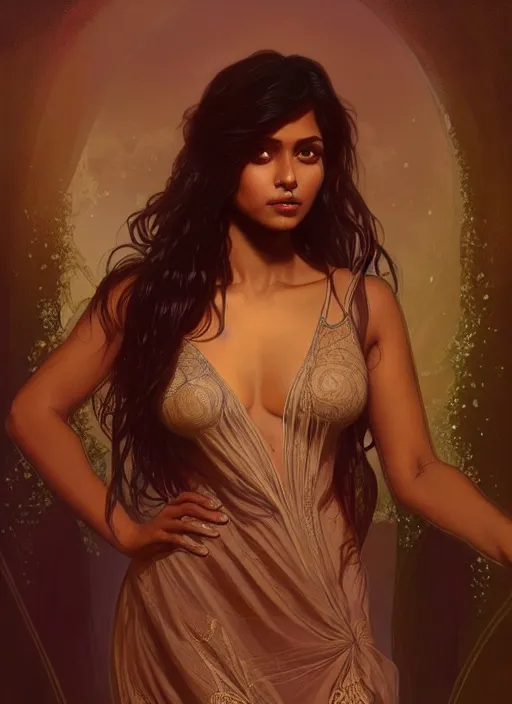 Image similar to cute brown woman wearing a transparent night gown, fantasy, intricate, highly detailed, digital painting, artstation, concept art, wallpaper, smooth, sharp focus, illustration, art by artgerm and greg rutkowski and alphonse mucha