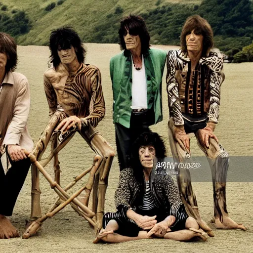 Prompt: the rolling stones band with their bodies made of bamboo in a deep meditation in normandie in france posing for vogue photoshoot photography