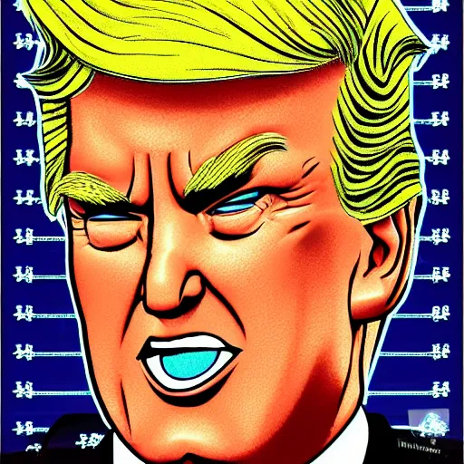 Prompt: character portrait inspired by max headroom and donald trump, digital art work made in comic art style, highly detailed macabre face, realistic