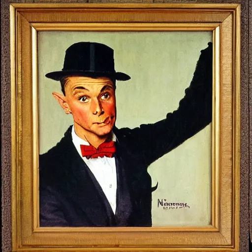 Image similar to Front portrait of a dashing man throwing gang signs. Painting by Norman Rockwell.