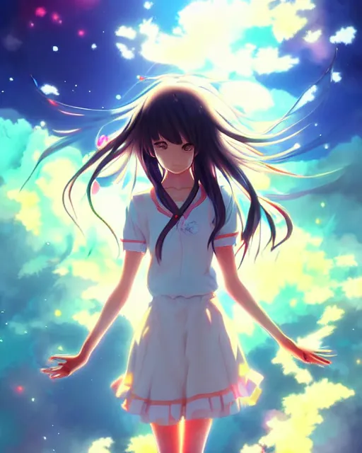 Image similar to anime style, vivid, expressive, full body, 4 k, painting, a cute magical girl with a long wavy black hair, stunning, realistic light and shadow effects, centered, simple background, studio ghibly makoto shinkai yuji yamaguchi