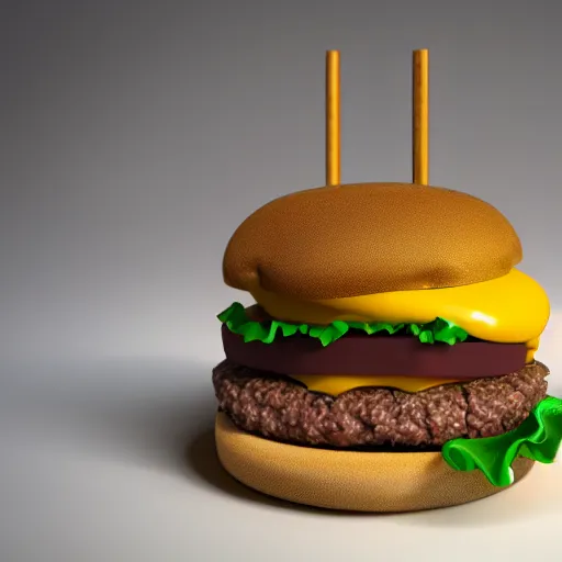 Image similar to a cat / burger hybrid, with fries, volumetric lighting, 4 k