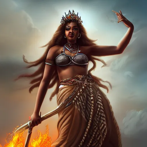 Image similar to a colossal goddess from above, creative, brown skin, giant, digital art, city, town, highly detailed, photo manipulation, up there, dark clouds, dark gray hair, digital painting, on fire, low angle, smoke, artstation