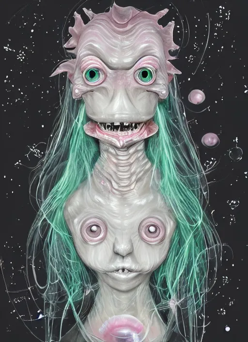 Prompt: plasticy kawaii portrait of a silly bashful squishy scifi saliva skeksis witch girl, painfully adorable, soft opalescent membranes, gushy gills and blush, translucent skin shows jejune skeletal details in front of inky black background, friendly, occult, gelatinous with wittle tiny teeth, artgerm, pixar, disney