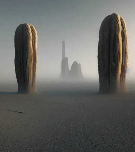 Prompt: surreal theory of the massive inverted roots, unfinished outdated vertical veins of white sand, futuristic tower, futuritic architecture, ancient epic tower in the desert, foggy sky, dark night, a little bit of patchy cactus, octane render, unreal engine, pale colors, high detail, 8 k, wide angle, trending on artstation, behance